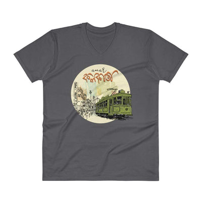 Charcoal / S Bengali Lightweight Fashion V-Neck T-Shirt - Amar Kolkata Tram