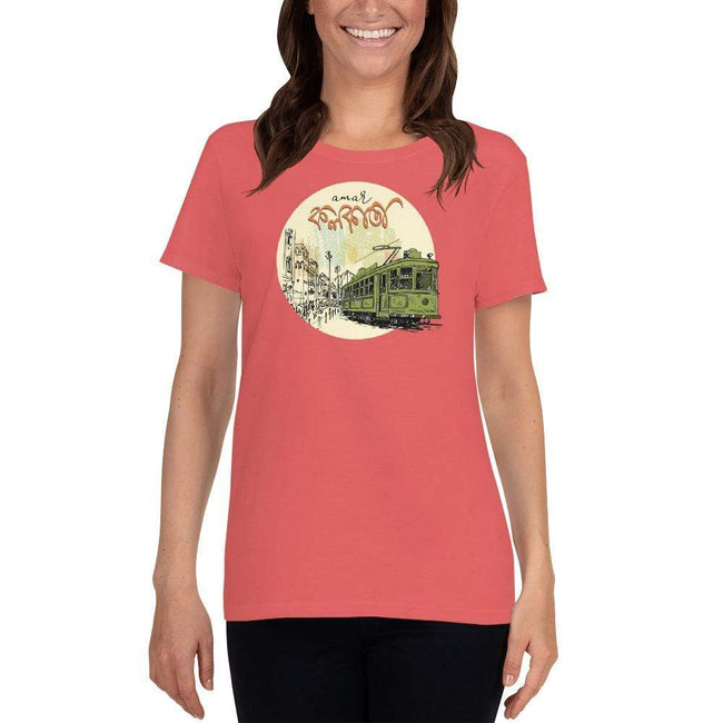Coral Silk / S Bengali Heavy Cotton Short Sleeve T-Shirt - Amar Kolkata Tram