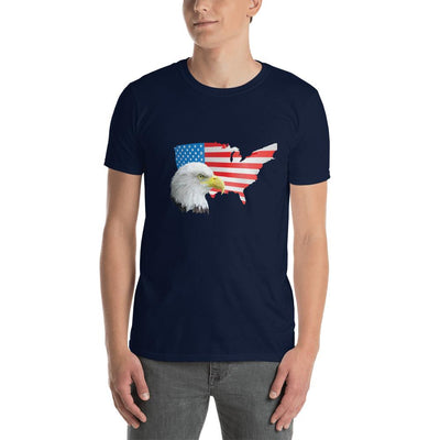 Men's Round Neck T Shirt - Eagle- USA Map with Flag