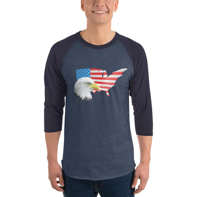 Men's 3/4th Sleeve Raglan T- Shirt - Eagle- USA Map with Flag