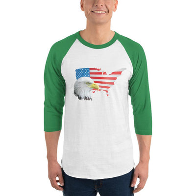 Men's 3/4th Sleeve Raglan T- Shirt - Eagle- USA Map with Flag