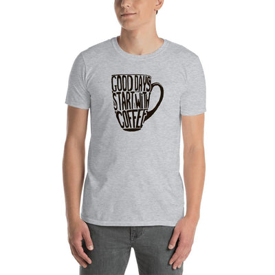 Men's Round Neck T Shirt - Good days start with coffee- coffee mug