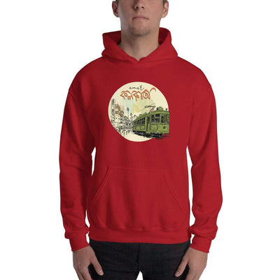 Red / S Bengali Unisex Heavy Blend Hooded Sweatshirt - Khol Dwar Khol- Amar Kolkata Tram