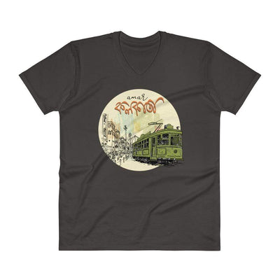 Smoke / S Bengali Lightweight Fashion V-Neck T-Shirt - Amar Kolkata Tram