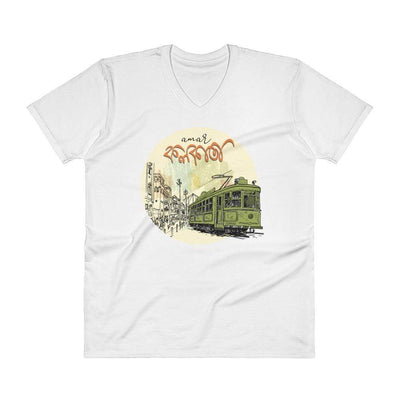 White / S Bengali Lightweight Fashion V-Neck T-Shirt - Amar Kolkata Tram