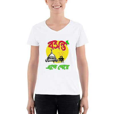 White / S Bengali Lightweight V-Neck T-Shirt - Bosonto Ese Gache