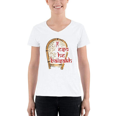 White / S Bengali Lightweight V-Neck T-Shirt - Eso He Baishakh